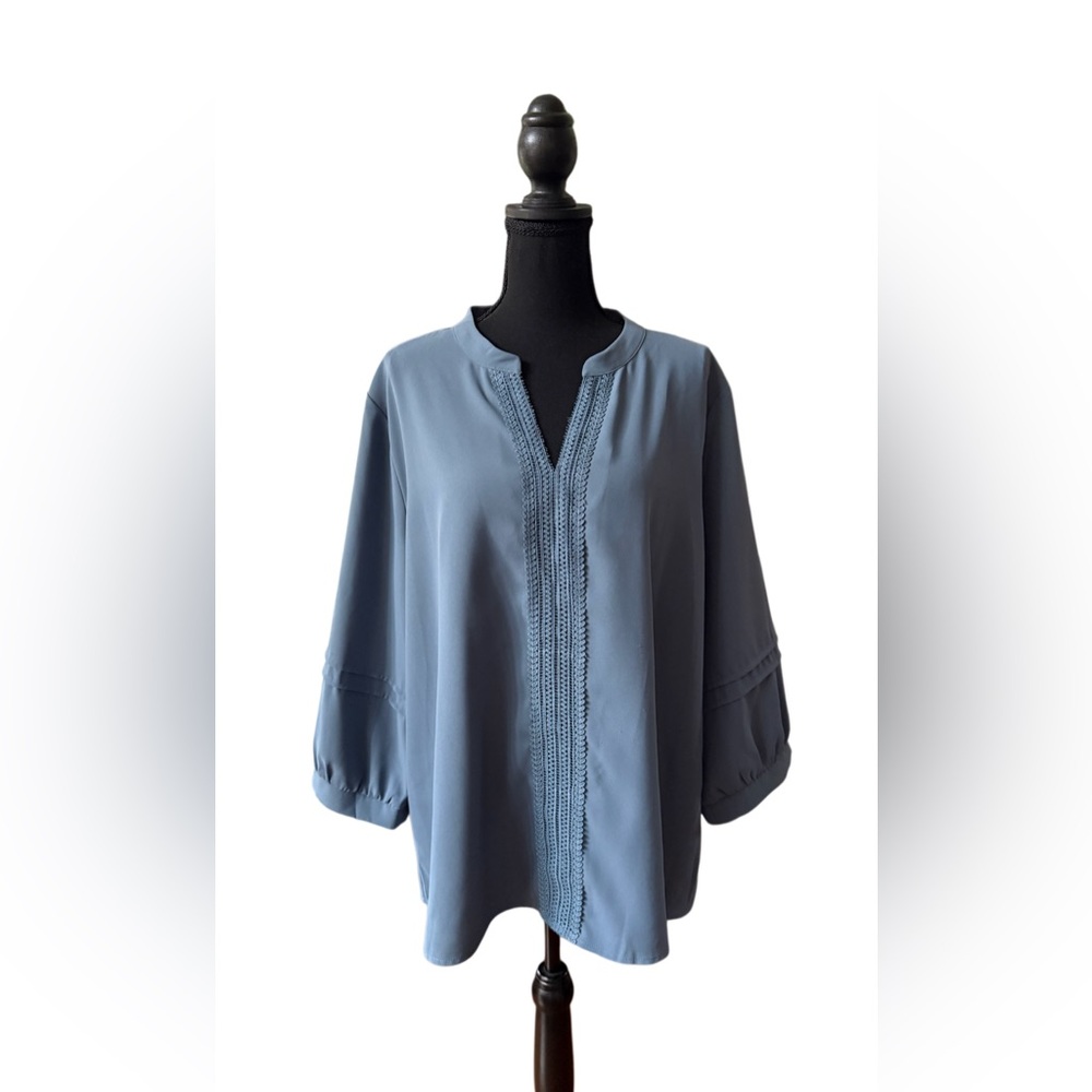 Unixseque Elegant Blue V Neck Women's Tunic Blouse